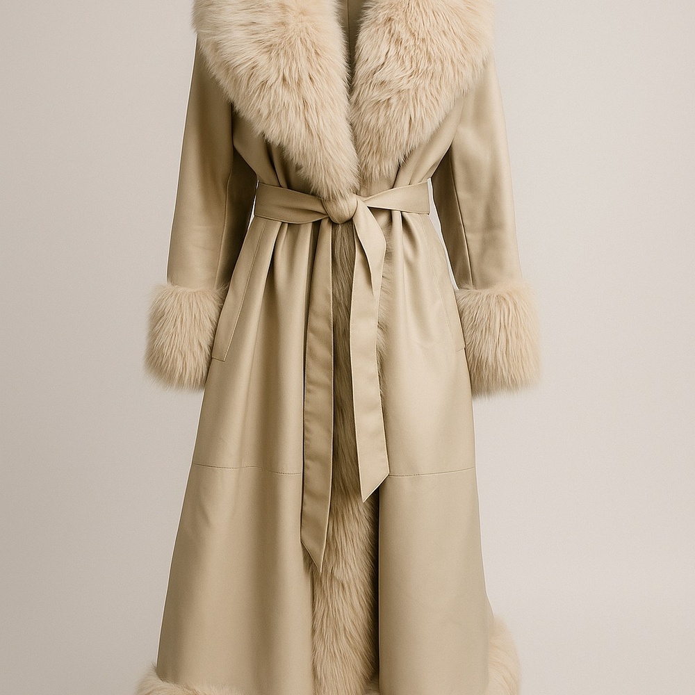 Faux Leather Shearling Fur Trim Longline Afghan Coat